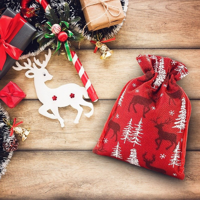 Jute gift bag with print (red / reindeer)